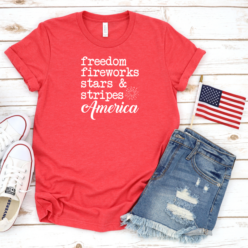 Freedom Fireworks Stars &  Stripes America patriotic shirt in red