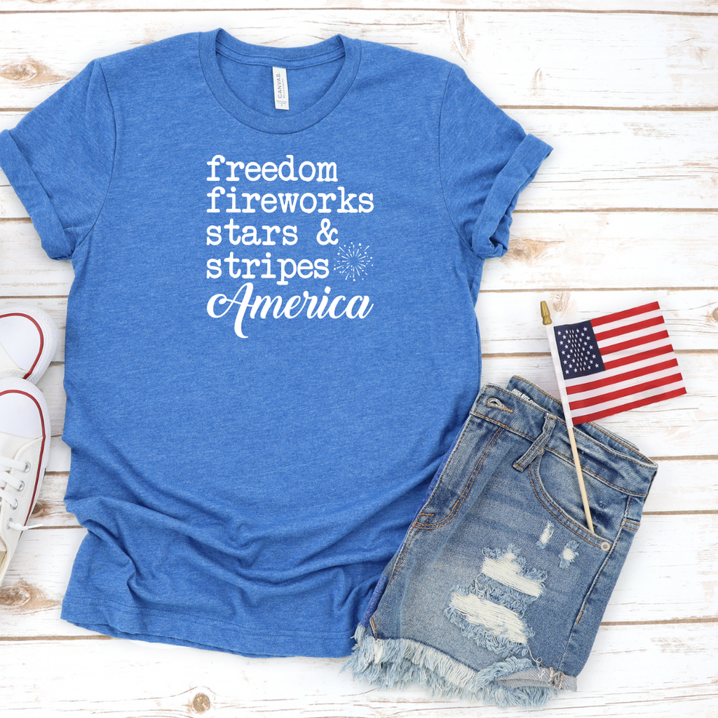 Freedom Fireworks Stars &  Stripes America patriotic shirt in blue 