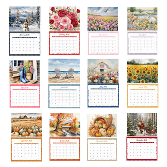 Collection of monthly calendar pages with various scenic and seasonal designs.