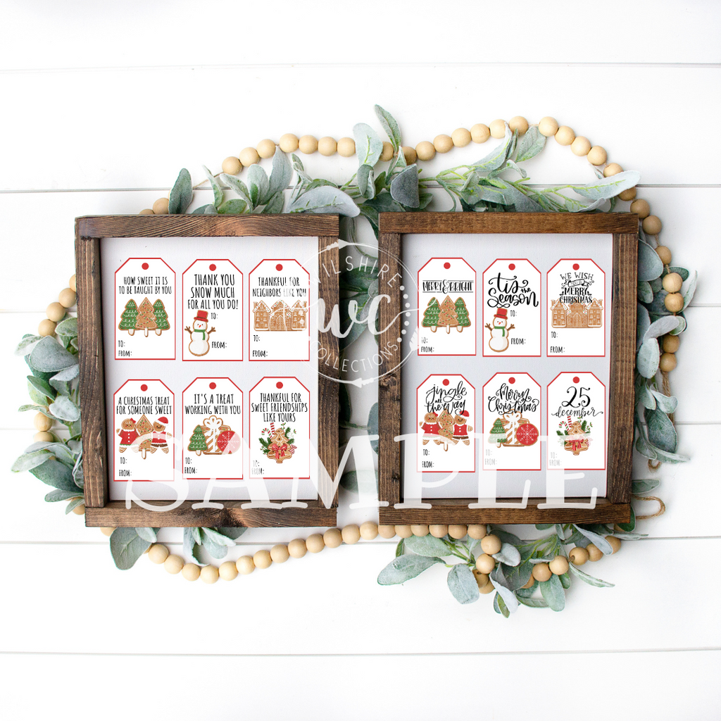 Christmas Tags with trees snowman and gingerbread village