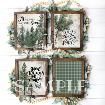 Set of four framed prints with nature-themed quotes and greenery on a white wooden background.