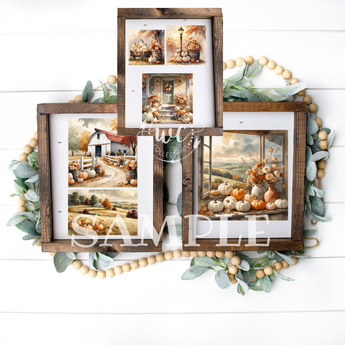 Wooden photo collage frame with scenic and autumn-themed images on a white background.