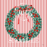 Christmas wreath with red berries and a red ribbon on a red and white striped background.
