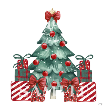Decorative Christmas tree with red ornaments and presents on a white background