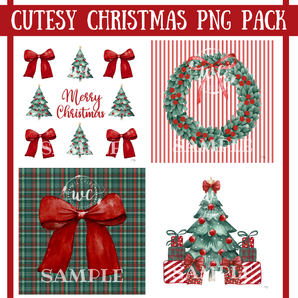 Collage of Christmas-themed graphics including trees, wreaths, and bows on a red and white striped background.