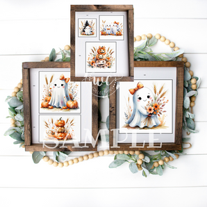 Framed fall and Halloween printable wall art bundle featuring cute ghost illustrations with pumpkins, flowers, and wheat accents.