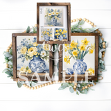 Beautiful blue vases with yellow flowers 