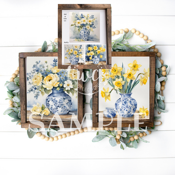 Beautiful blue vases with yellow flowers 