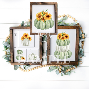 Set of framed prints with pumpkins and sunflowers on a white background