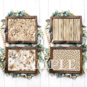 Four unique neutral-themed background designs (florals, stripes, leaves, and polka dots)