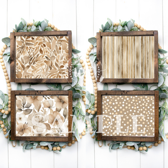 Four unique neutral-themed background designs (florals, stripes, leaves, and polka dots)
