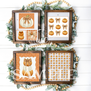 ramed fall printable wall art bundle featuring pumpkins and bows in warm autumn colors. Designs include stacked pumpkins with bows, single pumpkins paired with patterned bows, and repeating pumpkin-and-bow patterns. Displayed in rustic wooden frames with greenery and beaded garland
