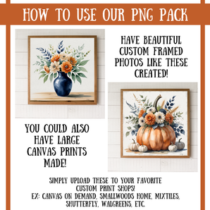 image for using a PNG pack to create custom framed photos with floral and pumpkin designs.