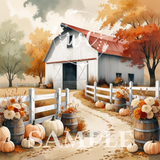 Autumnal scene with a white barn, pumpkins, and floral arrangements in front of a white fence.