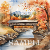 Autumnal scene with a covered bridge over a stream, surrounded by trees with orange and yellow leaves.