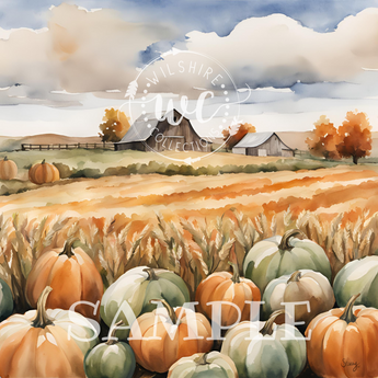 Painting of pumpkins in a field with a barn and trees, 