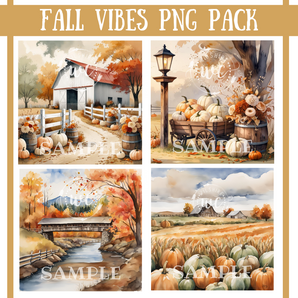 Four autumn-themed illustrations with pumpkins and a barn, labeled 'Fall Vibes PNG Pack'.