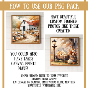 image for using a PNG pack to create custom framed photos and large canvas prints with autumn-themed designs.