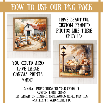 image for using a PNG pack to create custom framed photos and large canvas prints with autumn-themed designs.