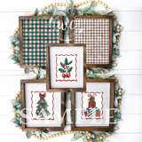 Set of Christmas-themed framed prints with plaid patterns and holiday illustrations on a decorative background.