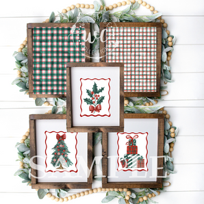 Set of Christmas-themed framed prints with plaid patterns and holiday illustrations on a decorative background.