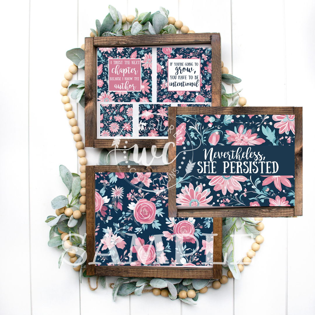 set of four beautiful printable wall art pieces with inspiring quotes, featuring a dark floral background with pink and white flowers