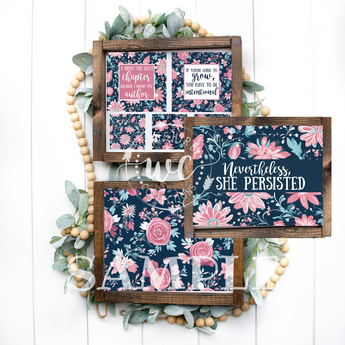 set of four beautiful printable wall art pieces with inspiring quotes, featuring a dark floral background with pink and white flowers