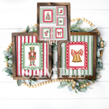 Set of Christmas-themed wall art pieces on a wooden frame with decorative elements.