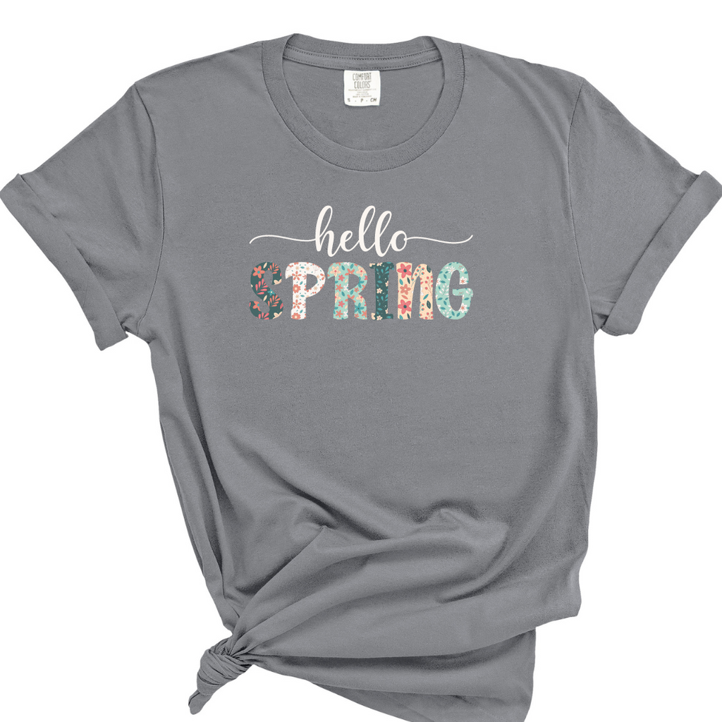 Grey t shirt with hello spring in floral fabric on front