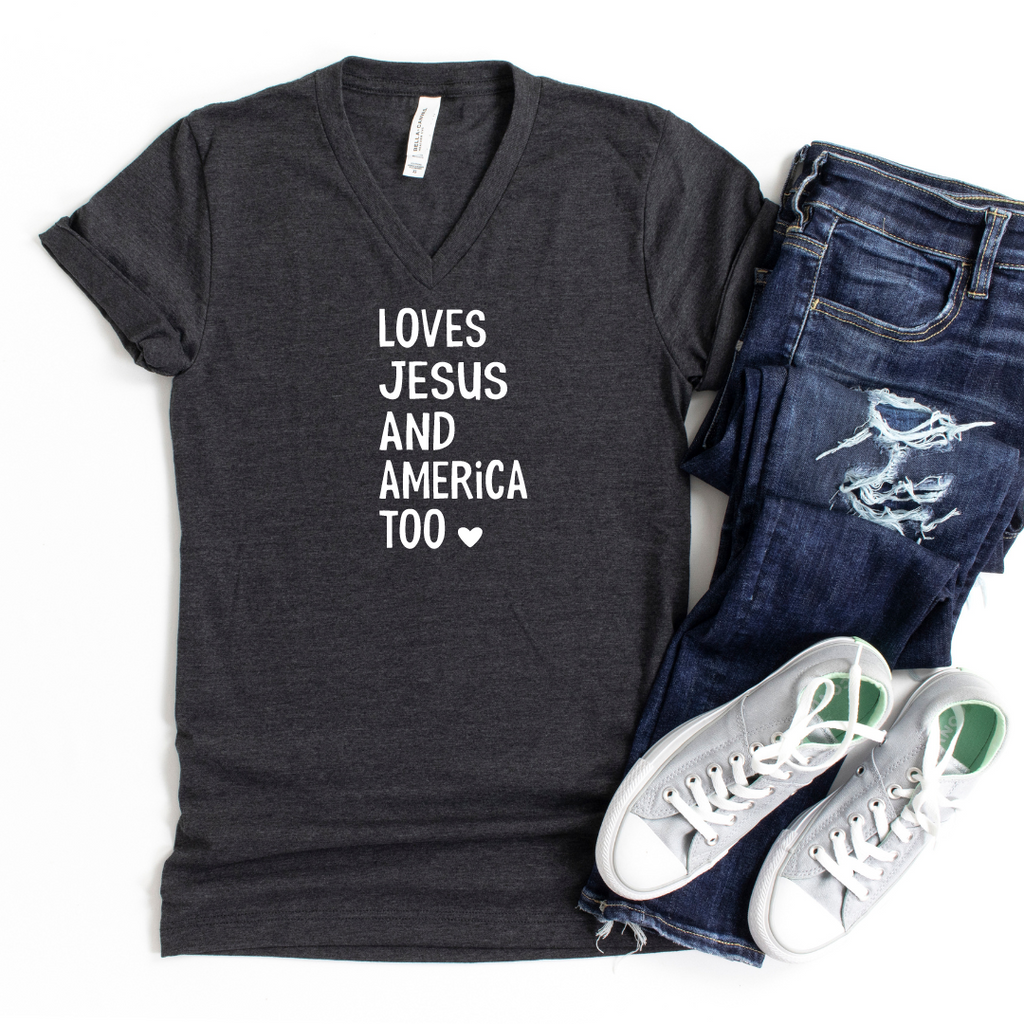 gray v neck patriotic shirt with Loves Jesus and America Too written on front in white