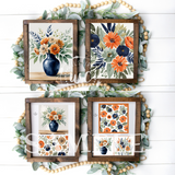 Set of floral prints in wooden frames on a decorative background with greenery.