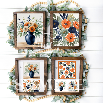 Set of floral prints in wooden frames on a decorative background with greenery.