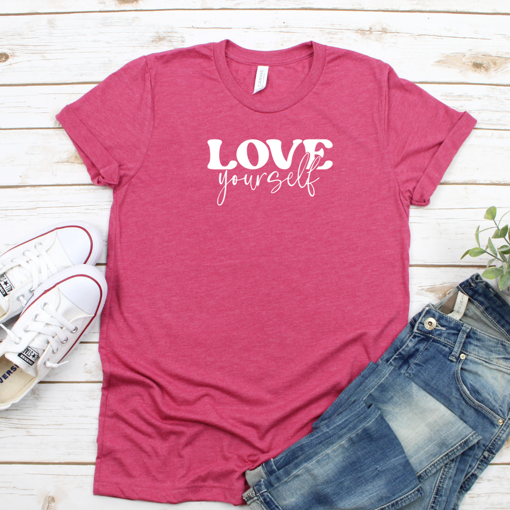 Love yourself tee shirt printed in white on pink tee
