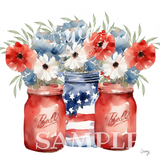 Red white and blue flowers in mason jars