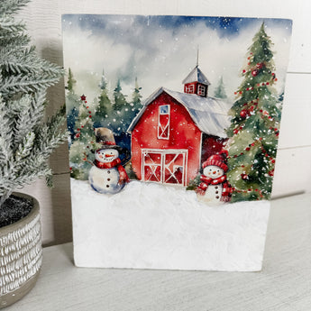 Christmas barns printable with snow on canvas