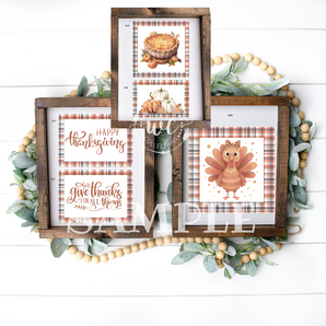 Set of Thanksgiving-themed prints in wooden frames with decorative elements on a white background.