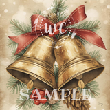 Decorative image of two gold bells with a red ribbon and Christmas elements on a textured background.