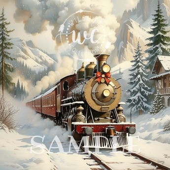 Vintage steam train in a snowy landscape with mountains and trees, 