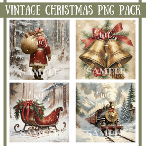 Vintage Christmas PNG pack with Santa, bells, sleigh, and train in a snowy landscape.