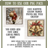 Promotional image for using a PNG pack to create custom framed photos and large canvas prints with Christmas-themed designs.