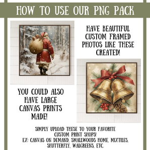 Promotional image for using a PNG pack to create custom framed photos and large canvas prints with Christmas-themed designs.