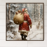 Framed artwork of a Santa Claus figure with a large sack walking through a snowy forest.