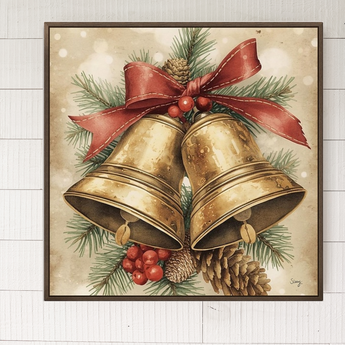 Framed artwork of two gold bells with a red bow and Christmas elements on a textured background.