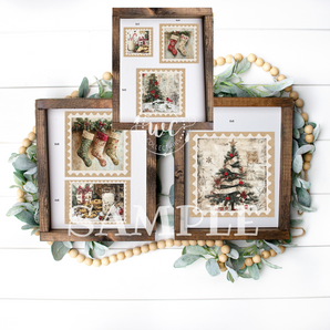 Wooden picture frame with Christmas-themed prints on a white background