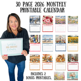 Woman holding a 2026 monthly printable calendar with various themed pages displayed.