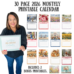 Woman holding a 2026 monthly printable calendar with various themed pages displayed.