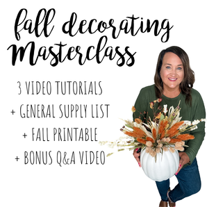 Promotional graphic for a fall decorating masterclass with a woman holding a floral arrangement.