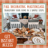 Living room decorated for fall with pumpkins and plaid accents, featuring text about a fall decorating masterclass.