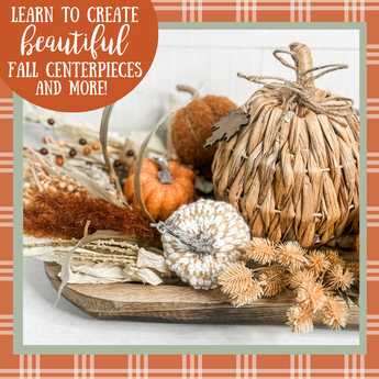 Decorative fall arrangement with pumpkins and dried elements on a plaid background