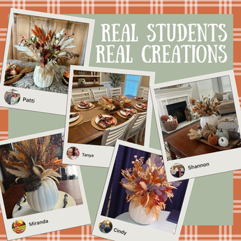 Collage of decorated rooms with names Patti, Tanya, Shannon, Miranda, and Cindy, on a plaid background.